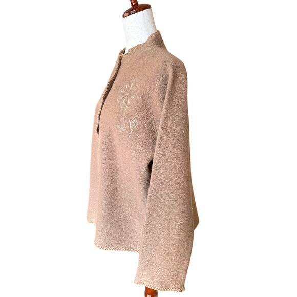 Womens Jacket Cardigan Size Large Brown Wool Chunky Button Floral Embroidery - Picture 4 of 10